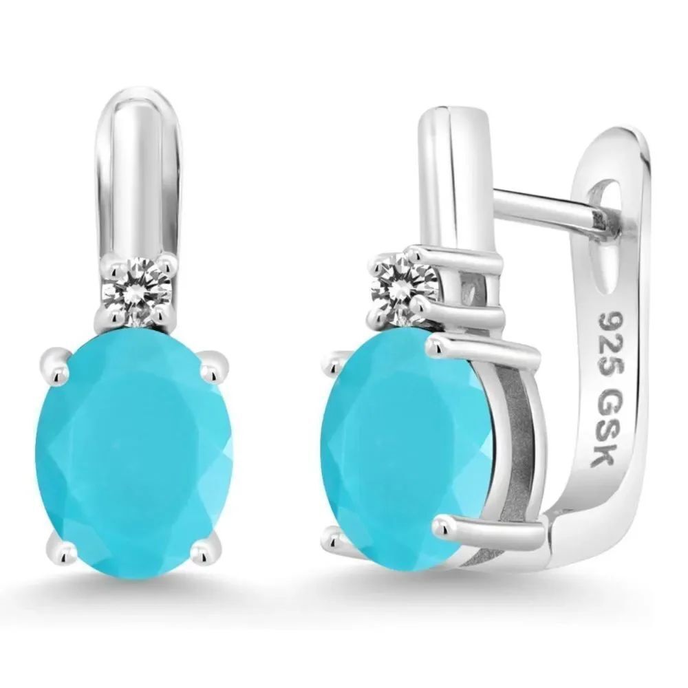 925 Sterling Silver with 3.13 Cttw Turquoise and White Diamond Oval Earrings
